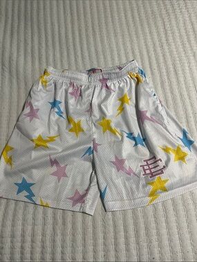 Eric Emanuel White Mesh Shorts with Yellow Stars, Blue Lightning & Pink Stars
